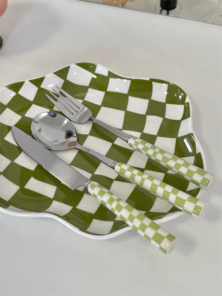 6 - Pack Modern Checkered Flatware Sets ( $4 / count ) - Check Flatware Set ( 6 Pcs in 1 set) - Green - INSPECIAL HOME