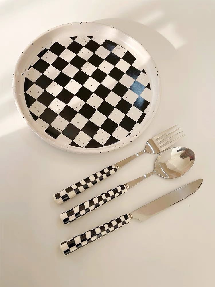 6 - Pack Modern Checkered Flatware Sets ( $4 / count ) - Check Flatware Set ( 6 Pcs in 1 set) - Black - INSPECIAL HOME
