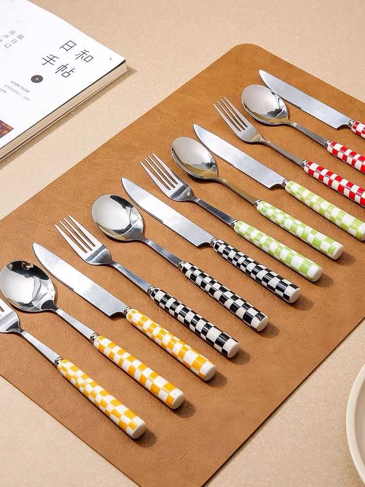 6 - Pack Modern Checkered Flatware Sets ( $4 / count ) - Flatware Sets - Check Flatware Set ( 6 Pcs in 1 set) - Yellow - Inspecial Home