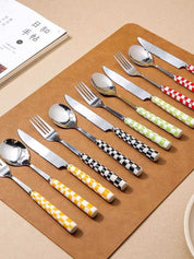 6 - Pack Modern Checkered Flatware Sets ( $4 / count ) - Flatware Sets - Check Flatware Set ( 6 Pcs in 1 set) - Yellow - Inspecial Home