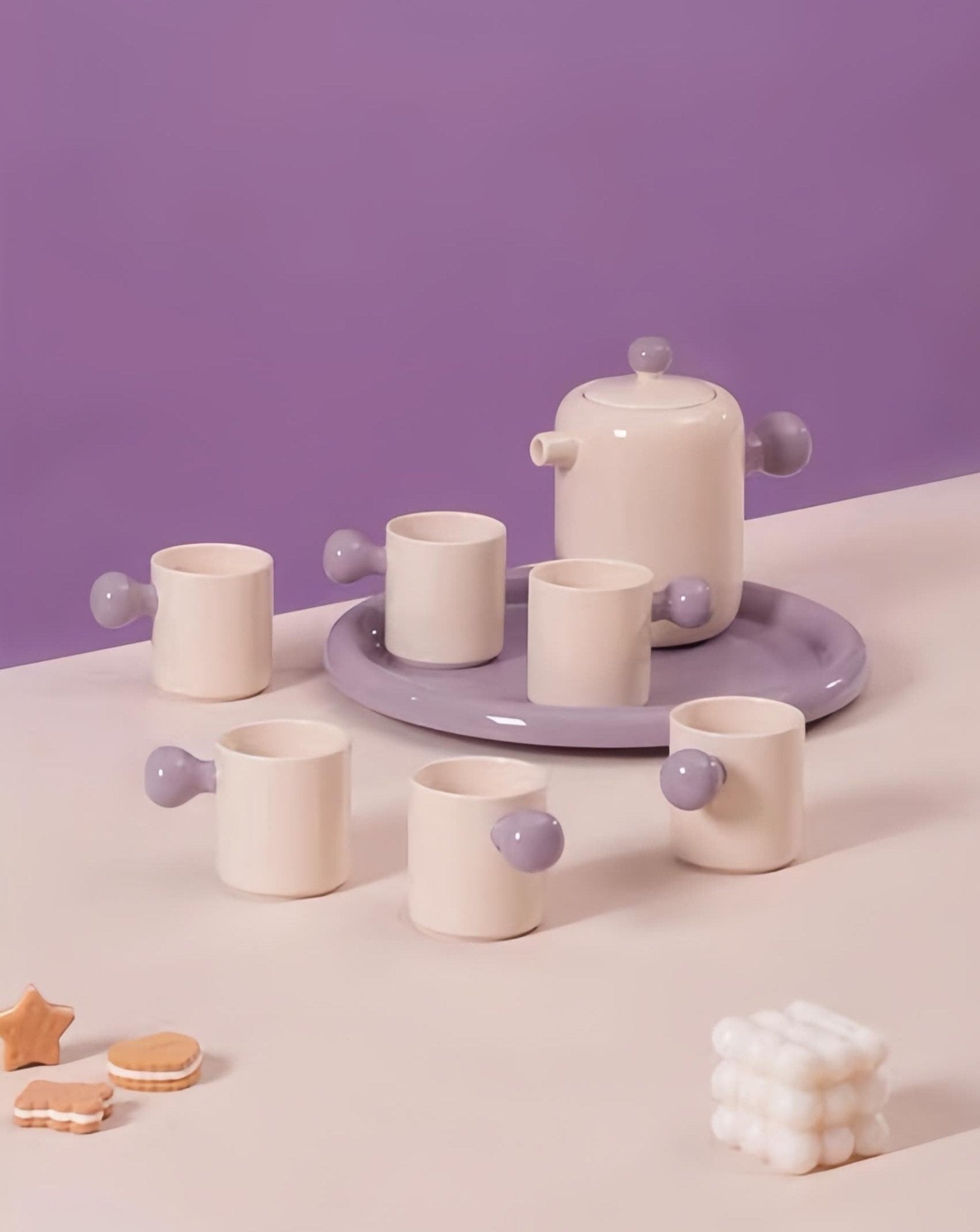 8 Pcs - Creamy Bauhaus Tea Set Gift Box - Handmade Cute Ceramic Teapot & Tea Cups - Creamy Bauhaus Tea Set Gift Box - Taro - INSPECIAL HOME