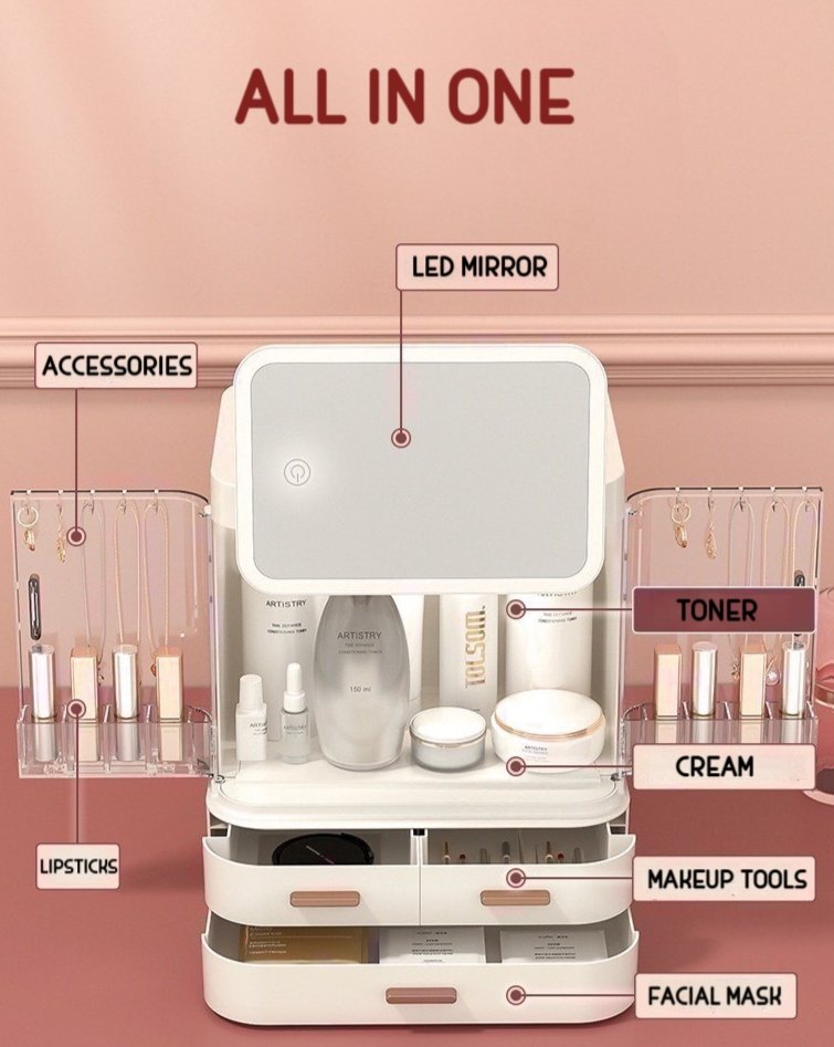 All-in-one Organizer with Led Mirror for Makeup Skincare