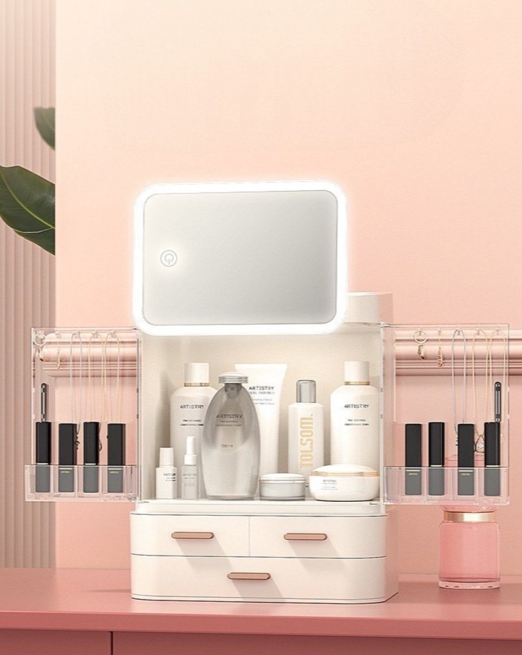 All-in-one Organizer with Led Mirror for Makeup Skincare & Accessories - ALL IN ONE MAKEUP ORGANIZER STORAGE BOX WITH LED MIRROR - INSPECIAL HOME