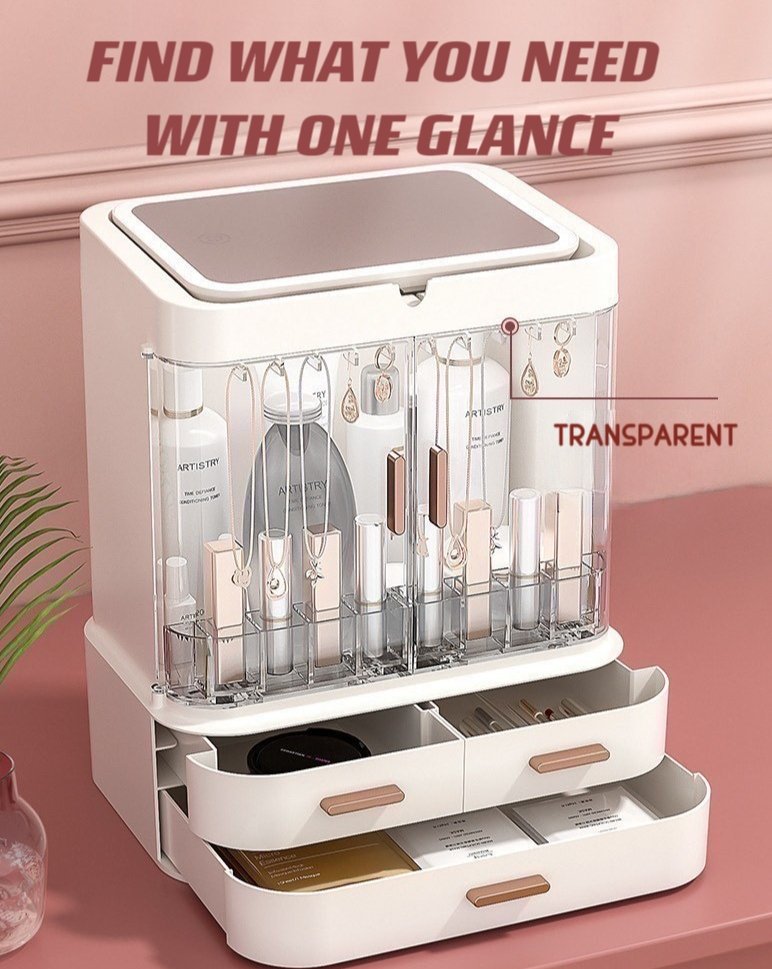 All-in-one Organizer with Led Mirror for Makeup Skincare & Accessories - ALL IN ONE MAKEUP ORGANIZER STORAGE BOX WITH LED MIRROR - INSPECIAL HOME
