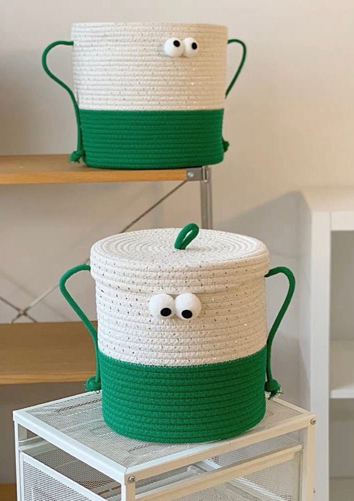 Big Eyes Woven Laundry Storage Basket Bag - Big Eyes Woven Laundry Storage Basket Bag - Green & Purple with Lid - INSPECIAL HOME