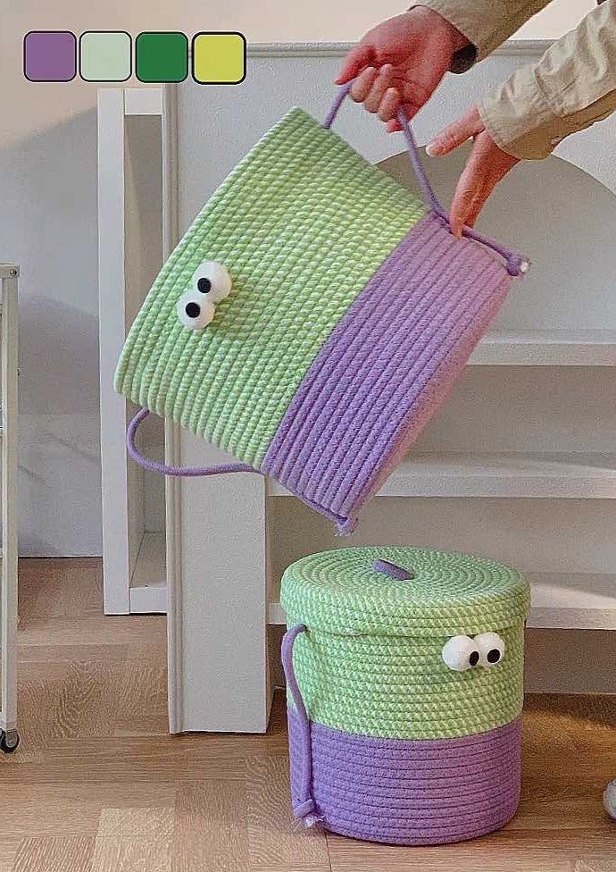 Big Eyes Woven Laundry Storage Basket Bag - Big Eyes Woven Laundry Storage Basket Bag - Green & Purple with Lid - INSPECIAL HOME