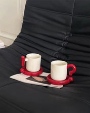 !? Ceramic Coffee Mug with Saucer - Unique Handmade Cute Funny Mug & Saucer Set - !? Ceramic Coffee Mug-Black Question Mark - INSPECIAL HOME