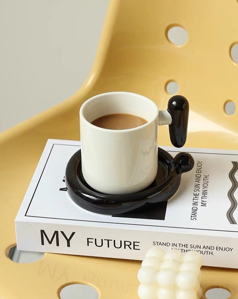 !? Ceramic Coffee Mug with Saucer - Unique Handmade Cute Funny Mug & Saucer Set - !? Ceramic Coffee Mug with Saucer-Black Exclamation Mark - INSPECIAL HOME
