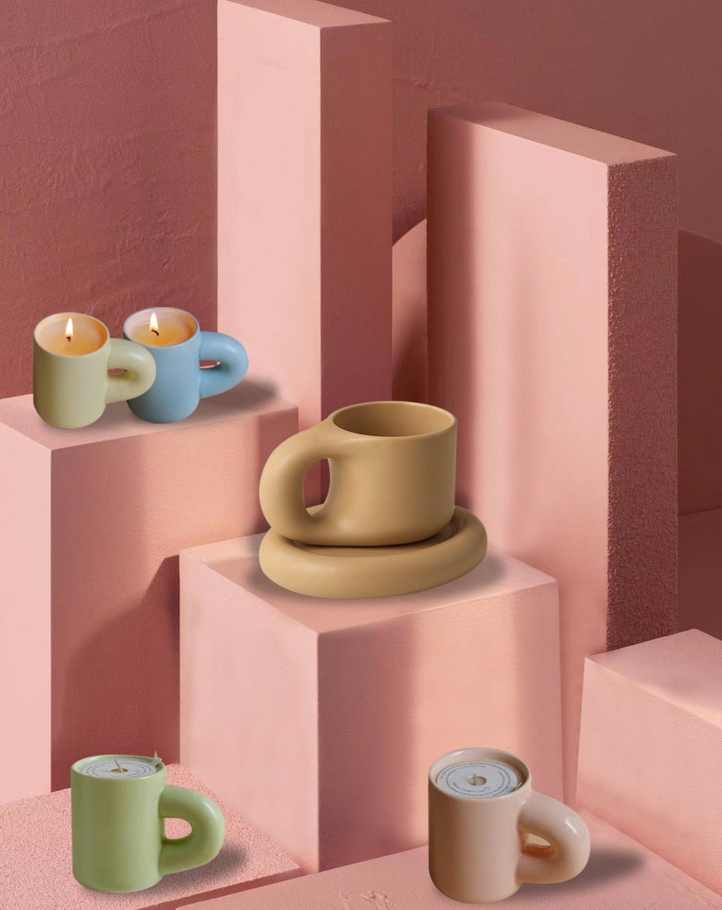 Chubby Gift Box: Handmade Ceramic Chubby Mug with Saucer + 4 Chubby Scented Candles - Chubby Gift Box - Bubble Tea - INSPECIAL HOME