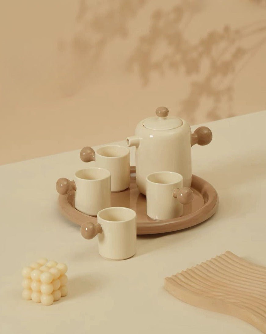 Cute Whimsical Dopamine Bauhaus Tea Pot & Tea Cups Set Of 8 Pcs - Handmade Ceramic Teaset Gift Box - Coffee & Tea Cups - Creamy Bauhaus Tea Set Gift Box - Taffee - INSPECIAL HOME