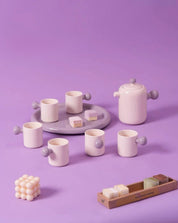 Cute Whimsical Dopamine Bauhaus Tea Pot & Tea Cups Set Of 8 Pcs - Handmade Ceramic Teaset Gift Box - Coffee & Tea Cups - Creamy Bauhaus Tea Set Gift Box - Taro - INSPECIAL HOME