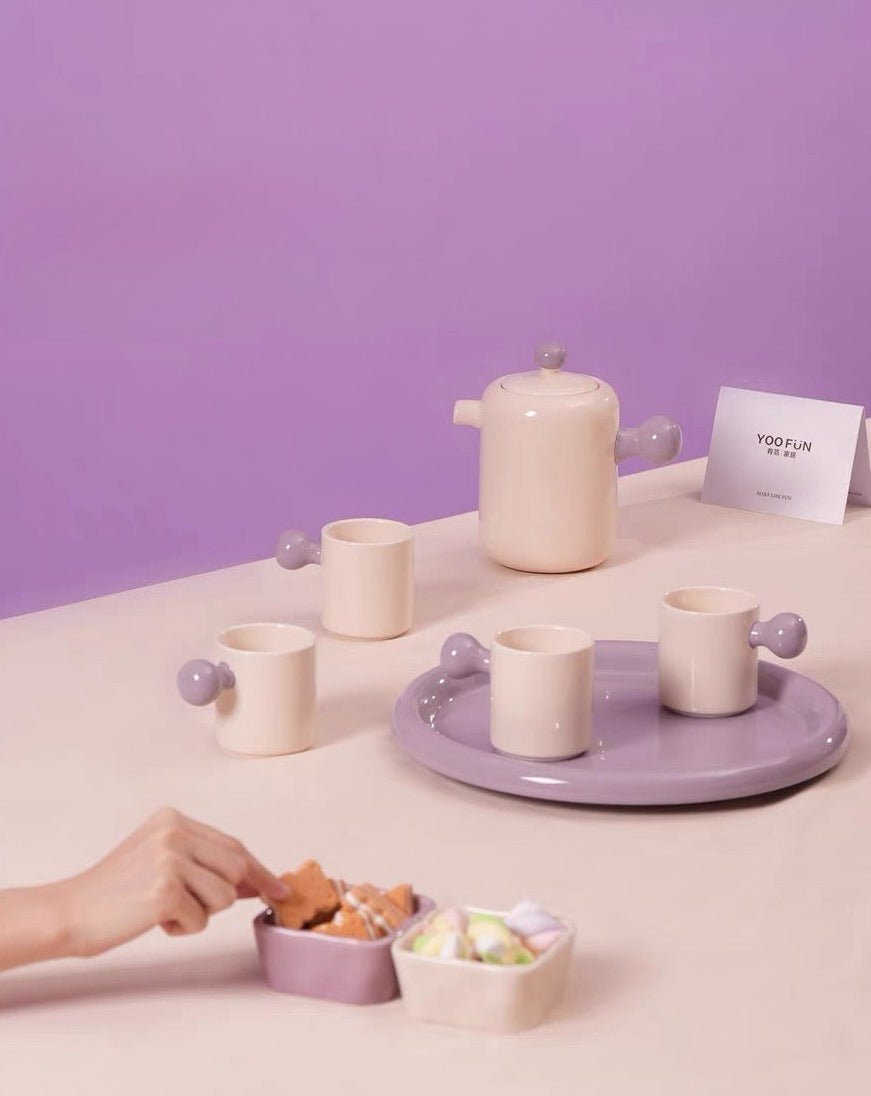 Cute Whimsical Dopamine Bauhaus Tea Pot & Tea Cups Set Of 8 Pcs - Handmade Ceramic Teaset Gift Box - Coffee & Tea Cups - Creamy Bauhaus Tea Set Gift Box - Taro - INSPECIAL HOME