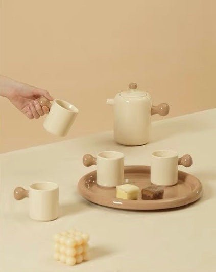 Cute Whimsical Dopamine Bauhaus Tea Pot & Tea Cups Set Of 8 Pcs - Handmade Ceramic Teaset Gift Box - Coffee & Tea Cups - Creamy Bauhaus Tea Set Gift Box - Taffee - INSPECIAL HOME