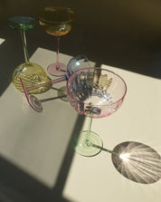 Hand Blown Retro Pastel Coloured Cocktail Glasses Coupe Set of 4 ( $22.5 Each ) - Retro Colored Coupe Cocktail Glasses Set of 4 - Estelle Colored Glass