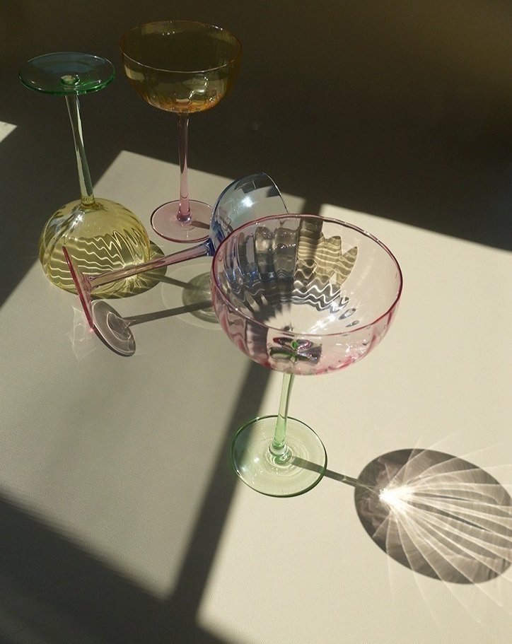 Hand Blown Retro Pastel Coloured Cocktail Glasses Coupe Set of 4 ( $22.5 Each ) - Retro Colored Coupe Cocktail Glasses Set of 4 - Estelle Colored Glass