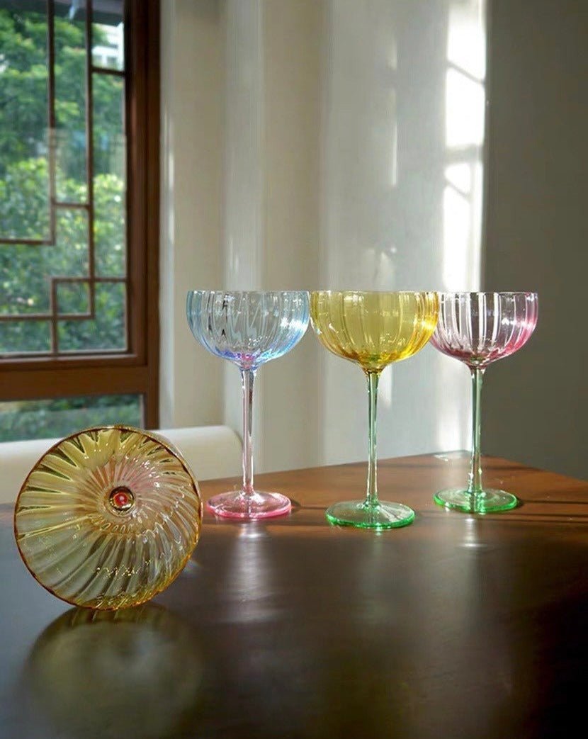 Hand Blown Retro Pastel Coloured Cocktail Glasses Coupe Set of 4 ( $22.5 Each ) - Retro Colored Coupe Cocktail Glasses Set of 4 - Estelle Colored Glass