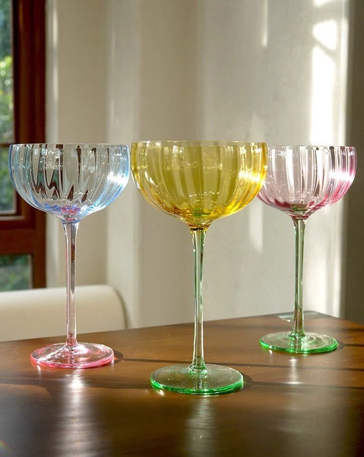 Hand Blown Retro Pastel Coloured Cocktail Glasses Coupe Set of 4 ( $22.5 Each ) - Retro Colored Coupe Cocktail Glasses Set of 4 - Estelle Colored Glass
