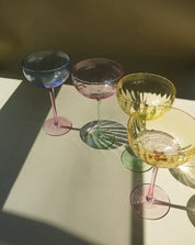 Hand Blown Retro Pastel Coloured Cocktail Glasses Coupe Set of 4 ( $22.5 Each ) - Retro Colored Coupe Cocktail Glasses Set of 4 - Estelle Colored Glass