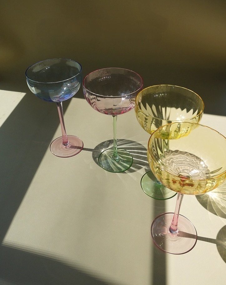 Hand Blown Retro Pastel Coloured Cocktail Glasses Coupe Set of 4 ( $22.5 Each ) - Retro Colored Coupe Cocktail Glasses Set of 4 - Estelle Colored Glass