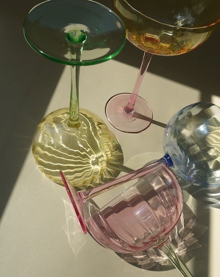 Hand Blown Retro Pastel Coloured Cocktail Glasses Coupe Set of 4 ( $22.5 Each ) - Retro Colored Coupe Cocktail Glasses Set of 4 - Estelle Colored Glass
