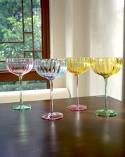 Hand Blown Retro Pastel Coloured Cocktail Glasses Coupe Set of 4 ( $22.5 Each ) - Retro Colored Coupe Cocktail Glasses Set of 4 - Estelle Colored Glass
