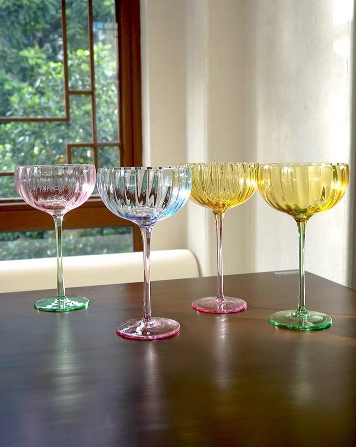 Hand Blown Retro Pastel Coloured Cocktail Glasses Coupe Set of 4 ( $22.5 Each ) - Retro Colored Coupe Cocktail Glasses Set of 4 - Estelle Colored Glass