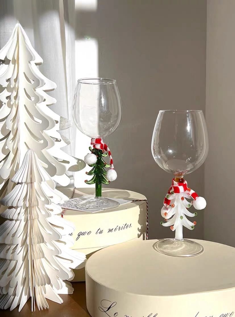 Handblown Christmas Tree Wine Glasses Set of 2 Pcs - Christmas Tree Wine Glasses-Snowy - INSPECIAL HOME