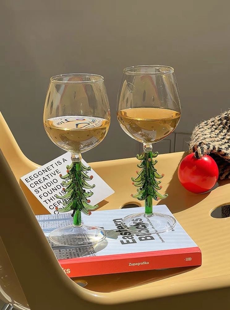 Handblown Christmas Tree Wine Glasses Set of 2 Pcs Green