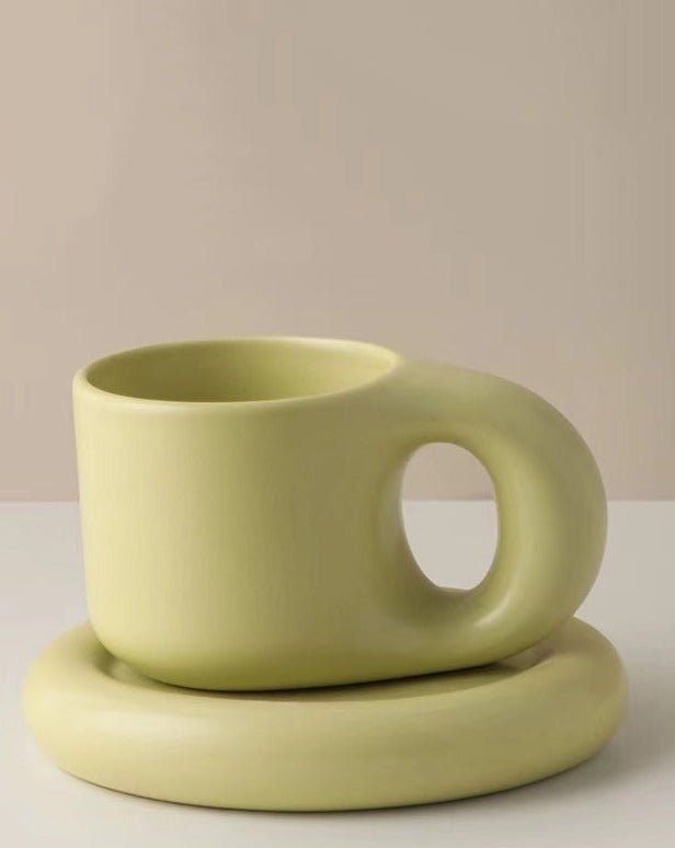 Handcrafted Bauhaus Ceramic Chubby Mugs - Chubby Mugs - Matcha with Tray - INSPECIAL HOME