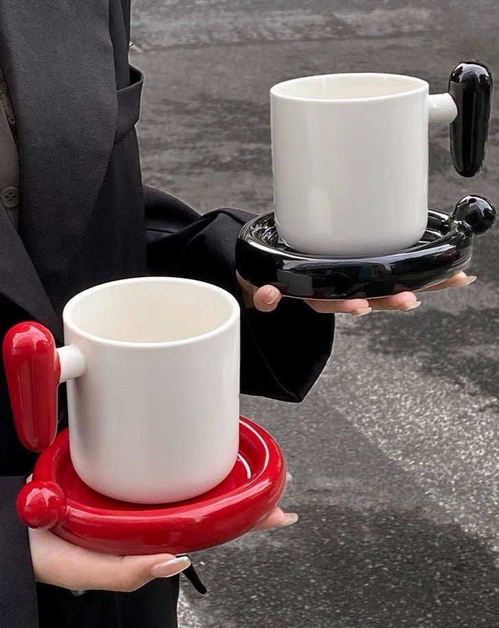 Handmade !? Ceramic Coffee Mug with Saucer - Unique Cute Funny Novelty Mugs - Mugs - !? Ceramic Coffee Mug-Black Question Mark - INSPECIAL HOME