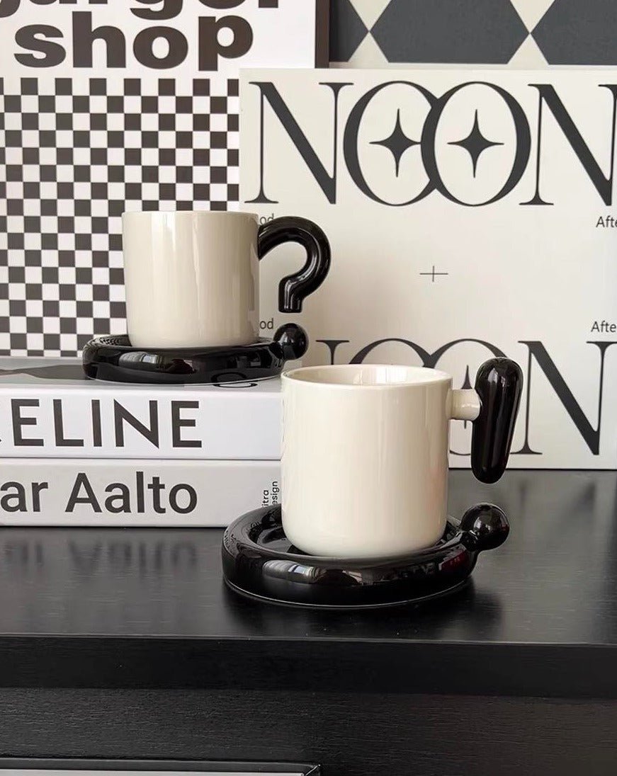 Handmade !? Ceramic Coffee Mug with Saucer - Unique Cute Funny Novelty Mugs - Mugs - !? Ceramic Coffee Mug-Black Question Mark - INSPECIAL HOME