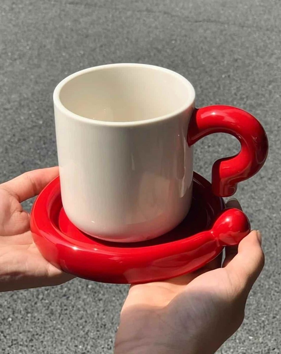 Handmade !? Ceramic Coffee Mug with Saucer - Unique Cute Funny Novelty Mugs - Mugs - !? Ceramic Coffee Mug-Red Question Mark - INSPECIAL HOME