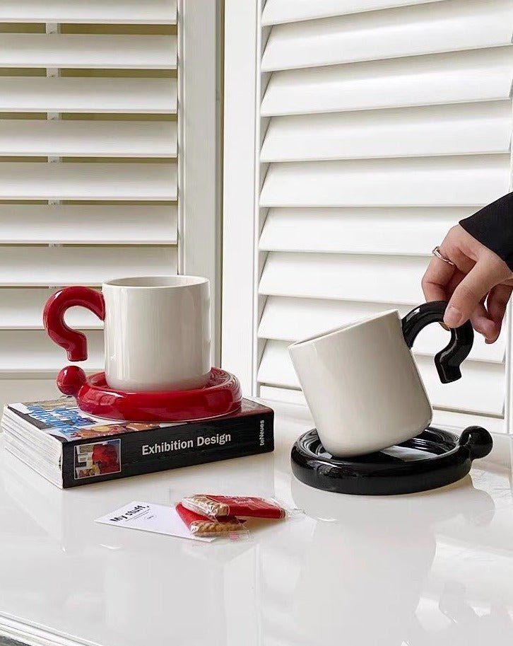 Handmade !? Ceramic Coffee Mug with Saucer - Unique Cute Funny Novelty Mugs - Mugs - !? Ceramic Coffee Mug-Black Question Mark - INSPECIAL HOME
