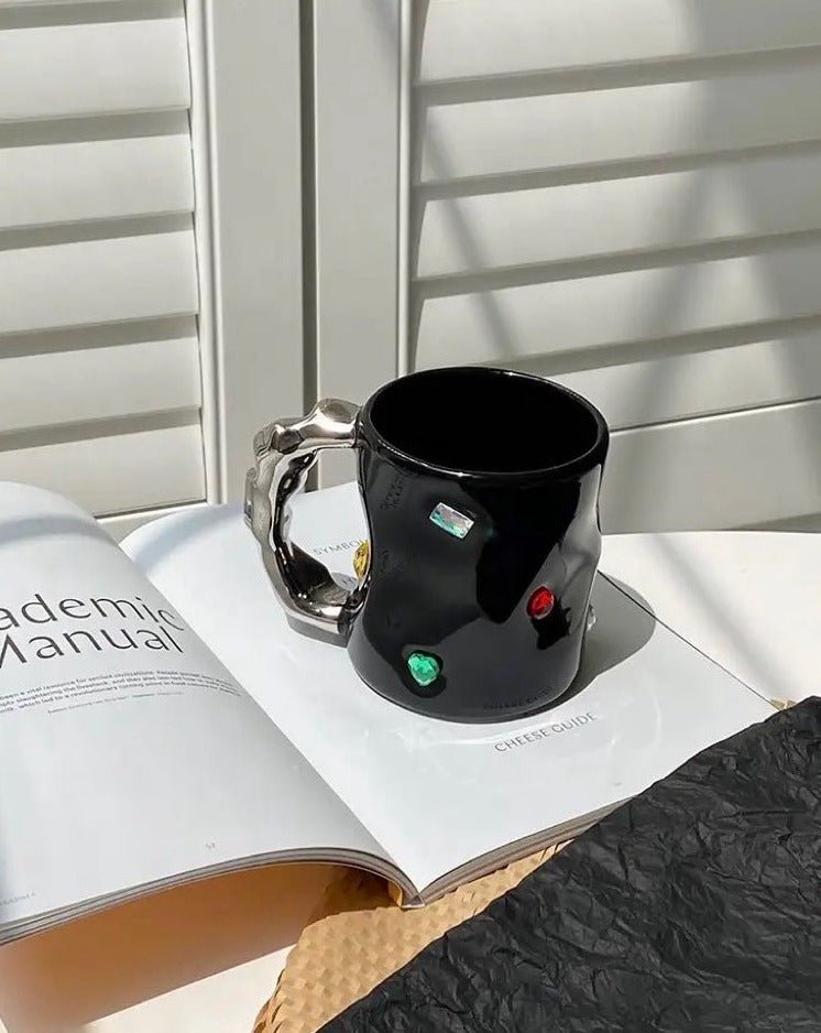 Handmade Ceramic Gemstone Coffee Mugs with Wavy Handle - Gemstone Coffee Mugs with Wavy Handle - Black - INSPECIAL HOME