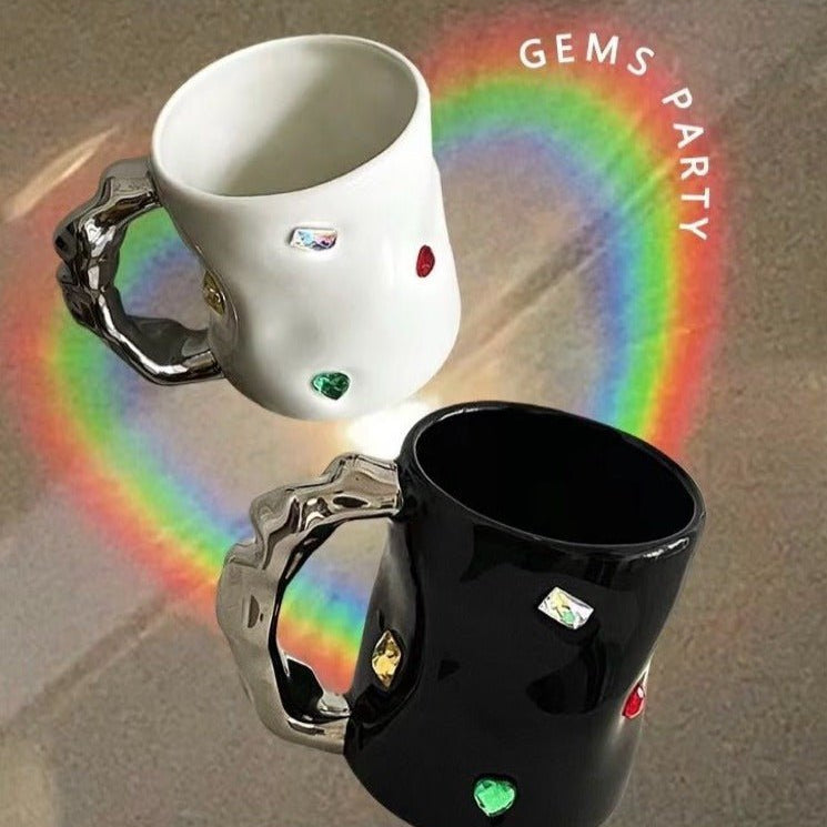 Handmade Ceramic Gemstone Couple Coffee Mugs with Wavy Handle - Mugs - Gemstone Coffee Mugs with Wavy Handle - Black - INSPECIAL HOME