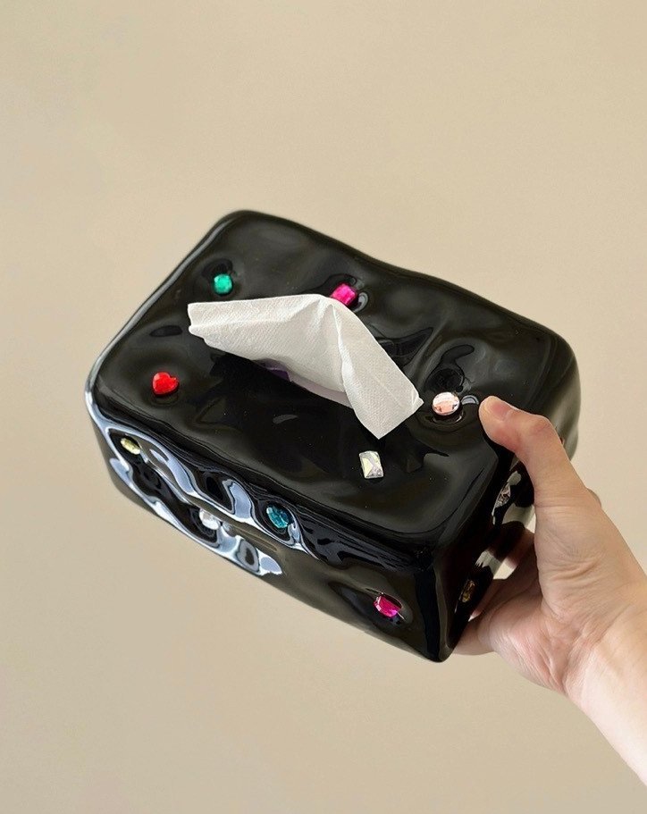 Handmade Ceramic Gemstone Tissue Box Cover - Gemstone Tissue Box Cover - Black - INSPECIAL HOME
