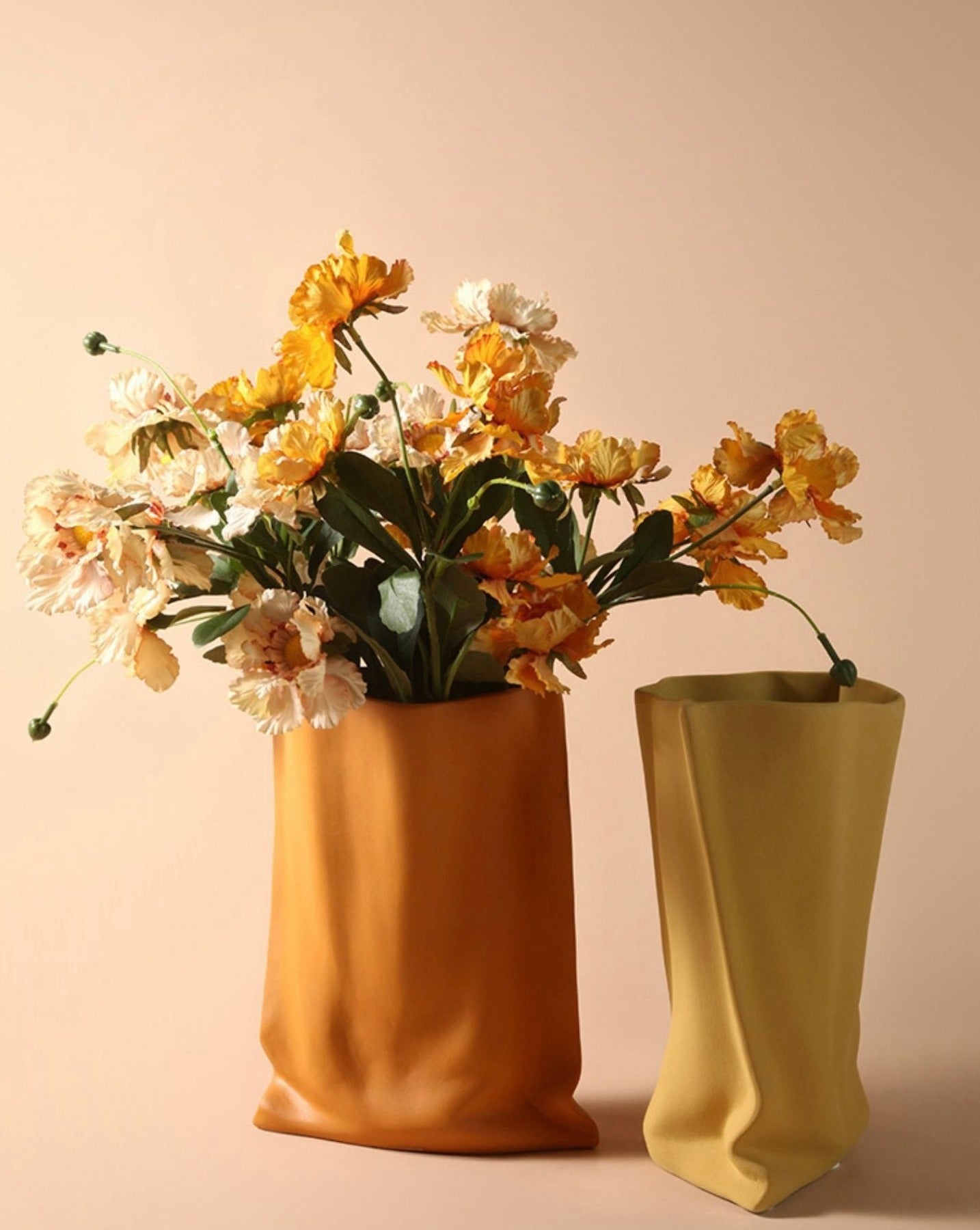 Handmade Ceramic Wrinkle Vase | Morandi Color | Unique Decorative Piece - Handmade Morandi Color Wrinkle Pottery Vase - Yellow - INSPECIAL HOME