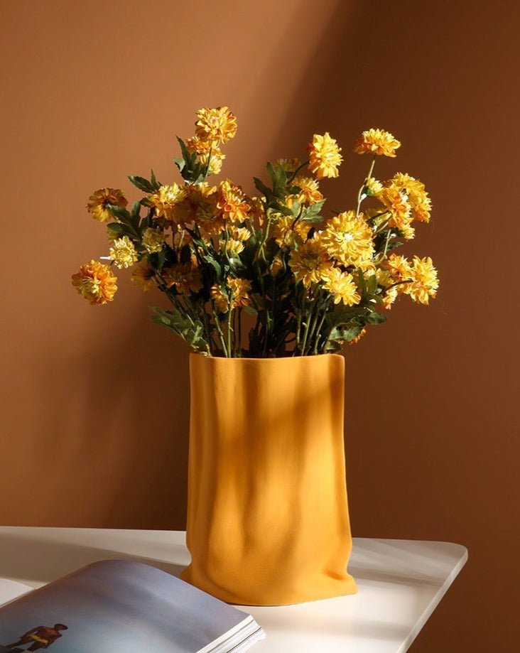 Handmade Ceramic Wrinkle Vase | Morandi Color | Unique Decorative Piece - Handmade Morandi Color Wrinkle Pottery Vase - Orange - INSPECIAL HOME