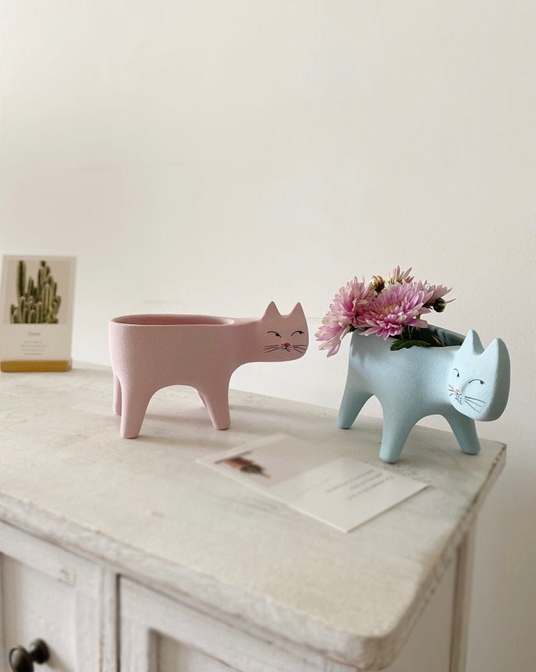 Handmade Pottery Cute Kitty Planters - Unique Planters for Indoor, Outdoor & Front Yard Garden - Handmade Pottery Cute Kitty Planters - Pink - INSPECIAL HOME