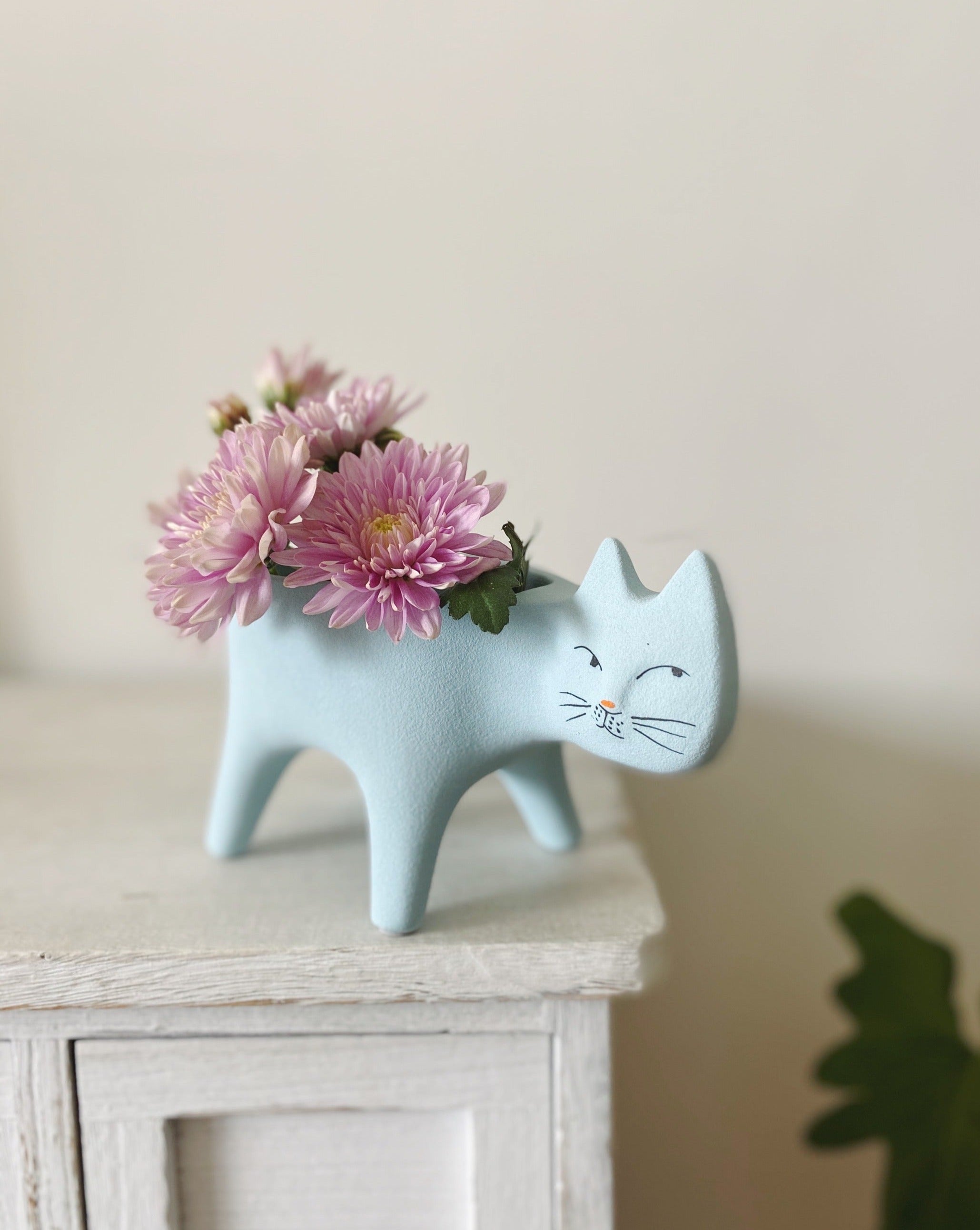 Handmade Pottery Cute Kitty Planters - Unique Planters for Indoor, Outdoor & Front Yard Garden - Handmade Pottery Cute Kitty Planters - Blue - INSPECIAL HOME