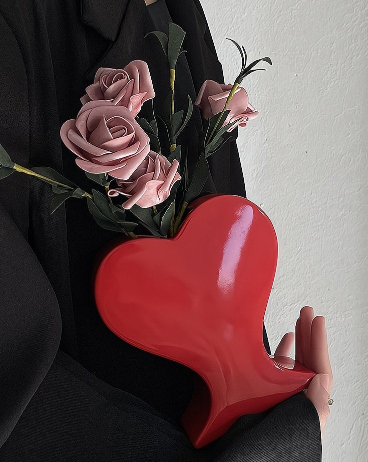 Handmade Ceramic Retro Heart-Shaped Flower Vase - Decorative Pottery Vase - Handmade Heart Shape Pottery Vase - Red - INSPECIAL HOME